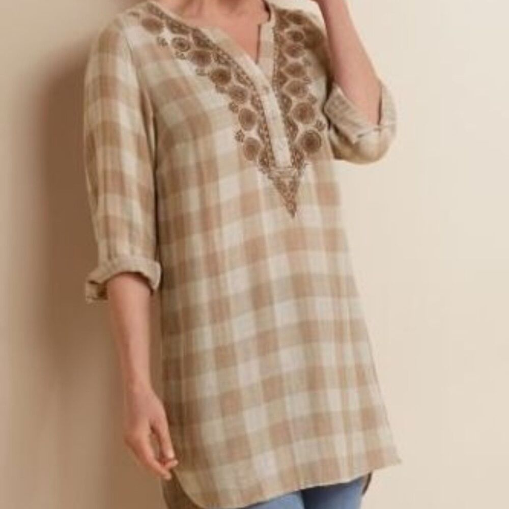 Soft Surroudings Embordered Gauze Tunic Top Womens Large Plaid 3/4 Sleeve Tan